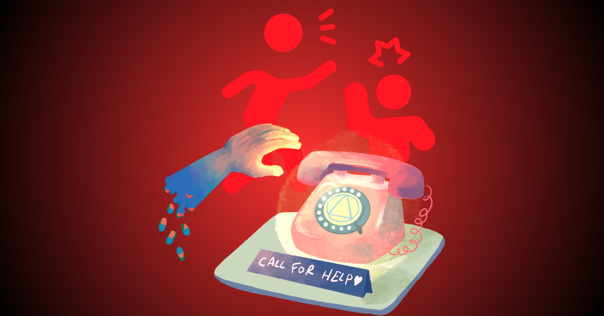 Red image with telephone. That says call fot help. Depicts Abusive Relationship.